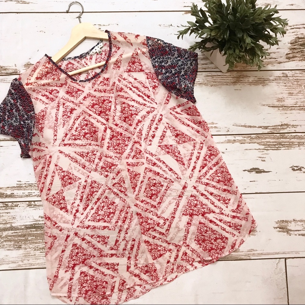 Cabi | Sheer Pink & Navy Printed Blouse | L